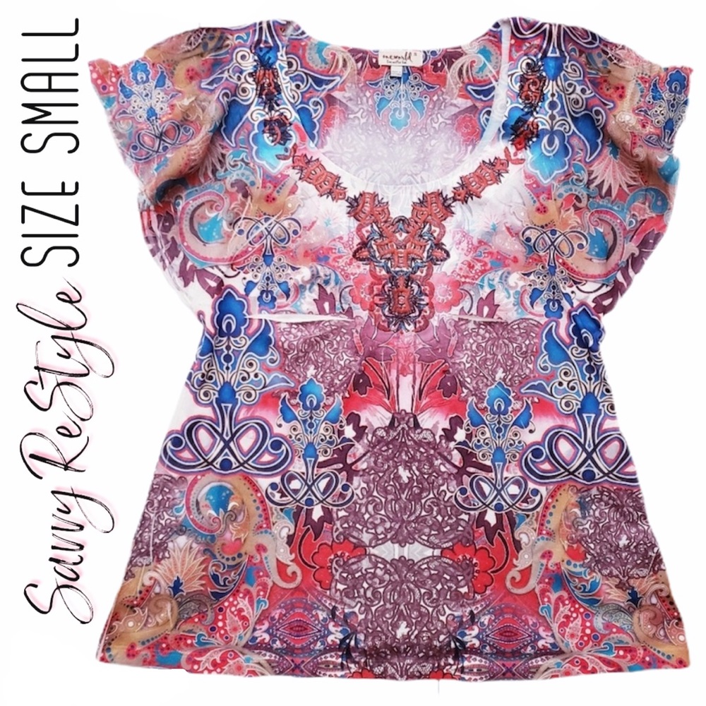 One World | Short Sleeve Embroidered Top Size Sm